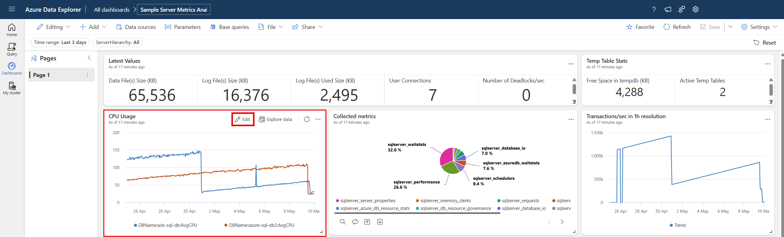 Azure Data Explorer 웹 UI의 대시보드에서 타일을 편집하는 방법의 스크린샷.