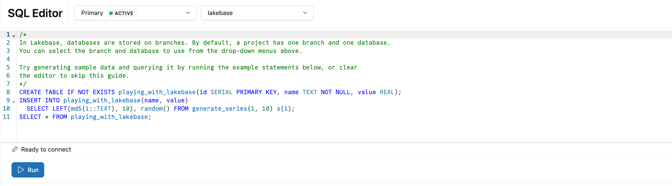 미리 로드된 샘플 SQL이 있는 SQL 편집기