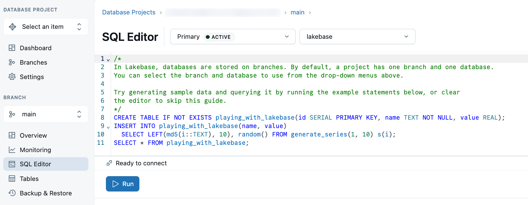 Lakebase SQL 편집기
