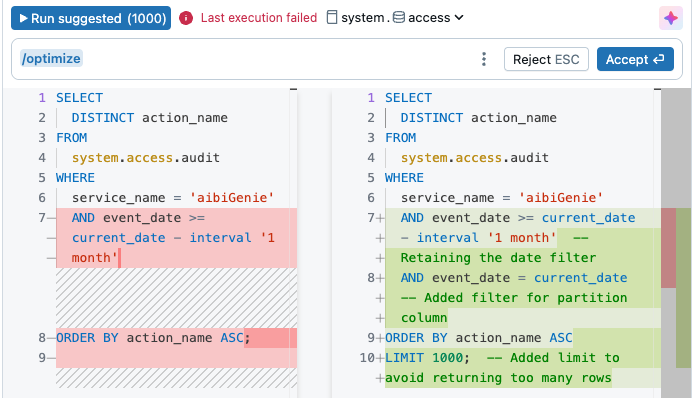 Genie Code와 함께 /optimize 명령을 사용하여 생성된 최적화된 쿼리