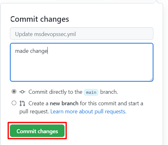 GitHub 페이지에서 변경 내용 커밋을 선택할 위치를 보여 주는 스크린샷