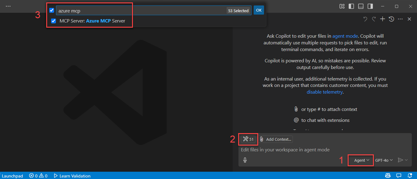 Azure MCP Server를 GitHub Copilot 도구로 보여 주는 스크린샷