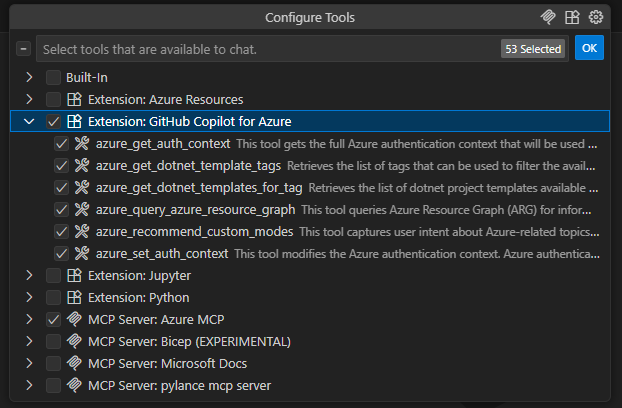 Visual Studio Code의 도구 목록 스크린샷