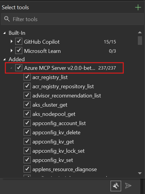 Azure MCP Server 노드가 선택된 도구 선택 대화 상자를 보여주는 스크린샷입니다.