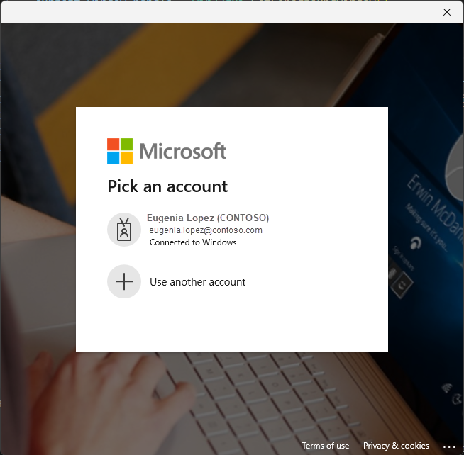 broker 사용 InteractiveBrowserCredential 인스턴스를 사용하여 사용자를 인증할 때의 Windows 로그인 환경을 보여 주는 스크린샷