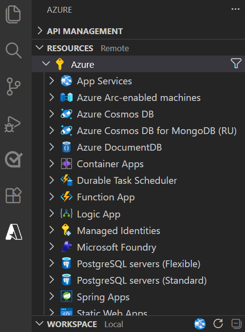 Azure Tools 확장 팩이 설치된 Visual Studio Code를 보여 주는 스크린샷