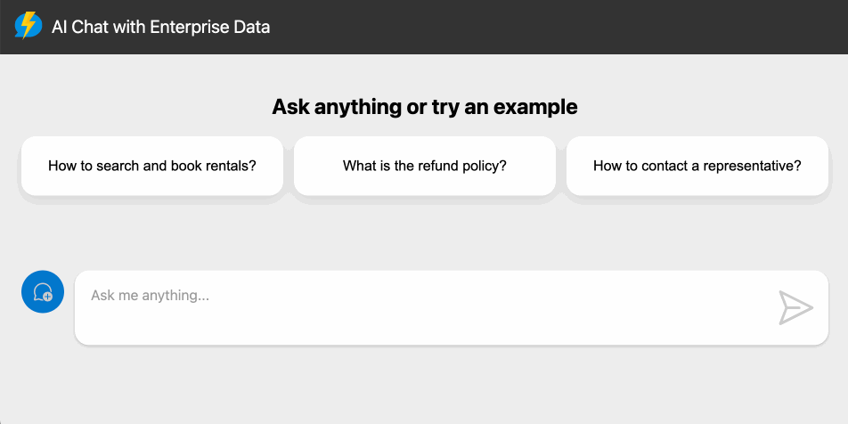 채팅 텍스트 상자와 채팅 입력에 대한 몇 가지 제안을 보여 주는 브라우저의 채팅 앱 스크린샷.