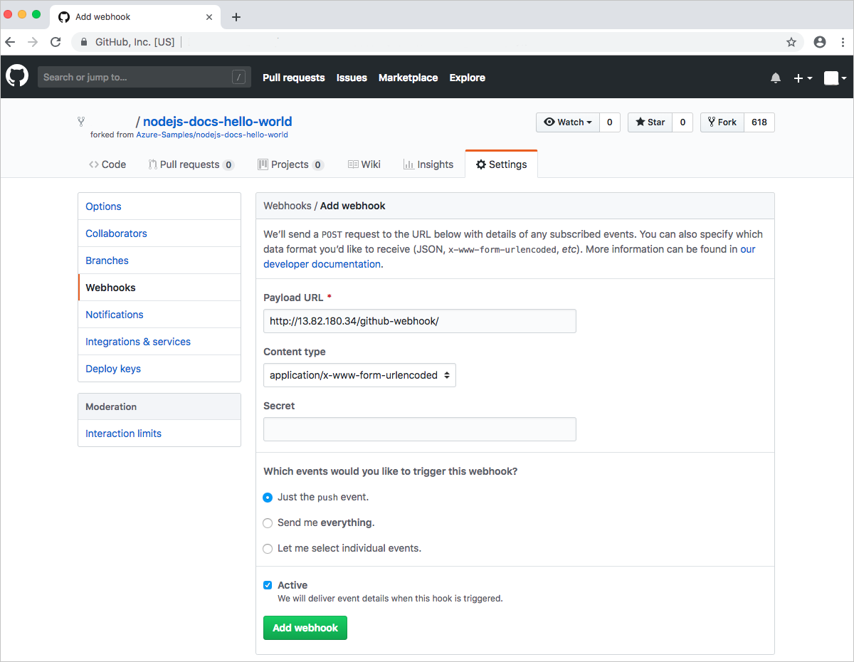 포크된 리포지토리에 GitHub 웹후크 추가