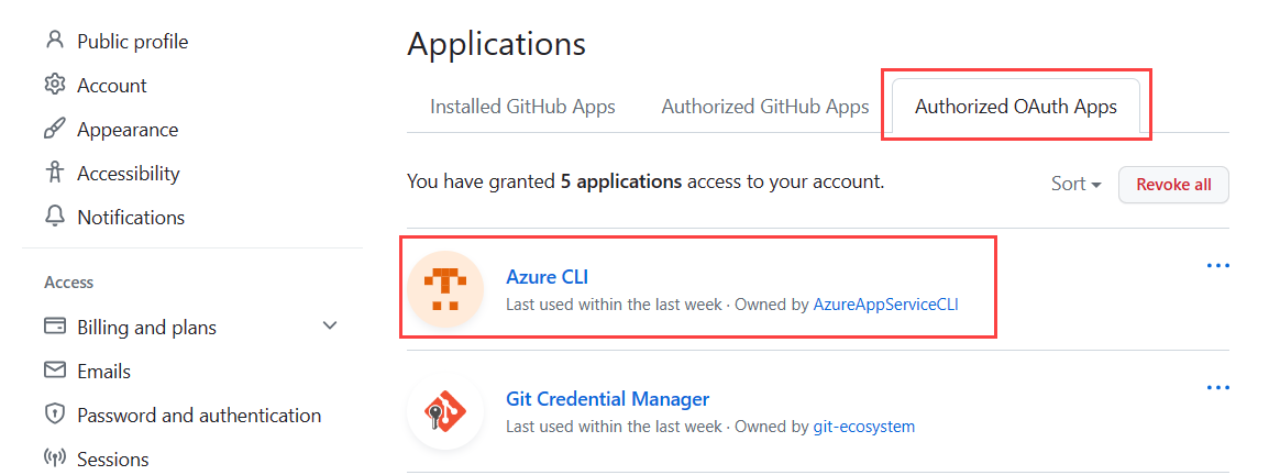 GitHub 계정에 대해 권한이 부여된 OAuth 앱을 보는 방법을 보여 주는 스크린샷