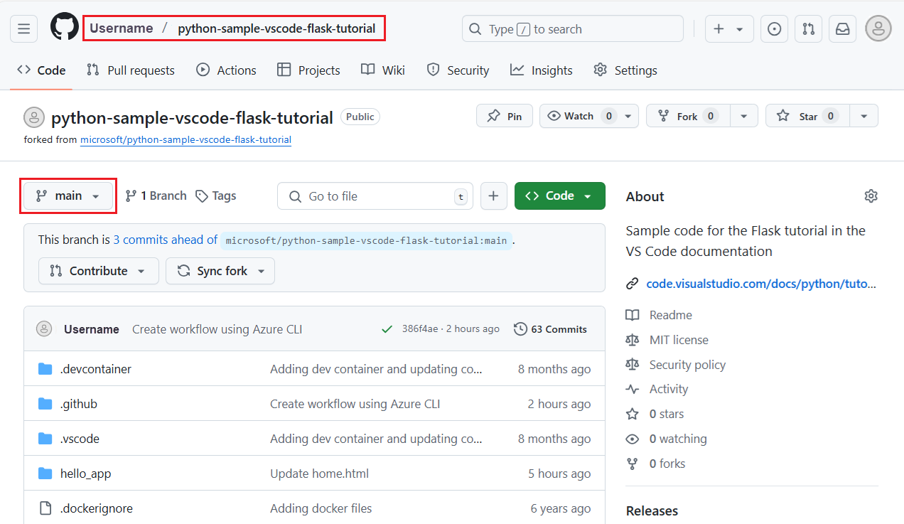 GitHub Actions 워크플로가 정의된 리포지토리 및 분기로 이동하는 방법을 보여 주는 스크린샷