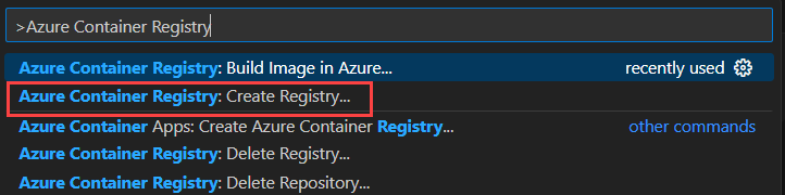 Visual Studio Code에서 새 Azure Container Registry 인스턴스를 만드는 작업을 검색하는 방법을 보여 주는 스크린샷