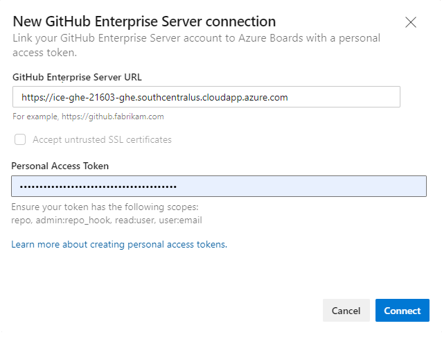 New GitHub Enterprise 연결의 스크린샷, 개인 액세스 토큰 연결 대화 상자.