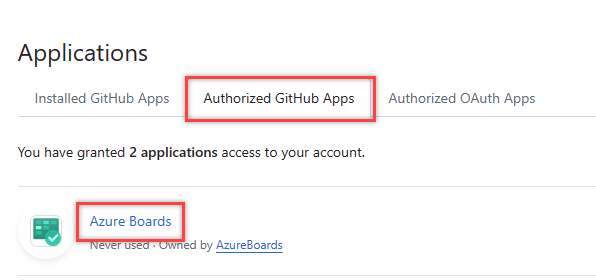 스크린샷은 Azure Boards가 강조된 권한 있는 GitHub 앱을 보여줍니다.