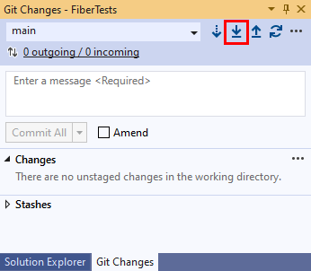 Visual Studio 2019의 Git 변경 내용 창에 있는 끌어오기 단추 스크린샷