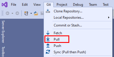 Visual Studio 2019의 Git 메뉴에 있는 끌어오기 옵션 스크린샷