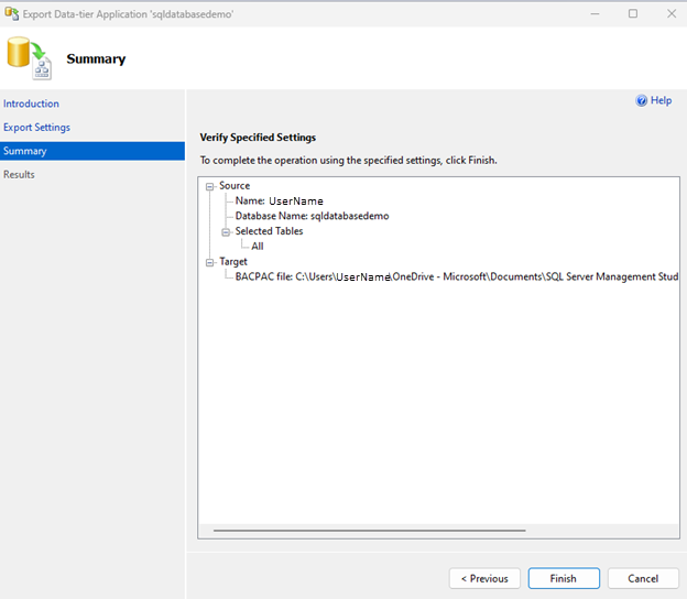 스크린샷은 지정된 설정의 요약을 보여줍니다.