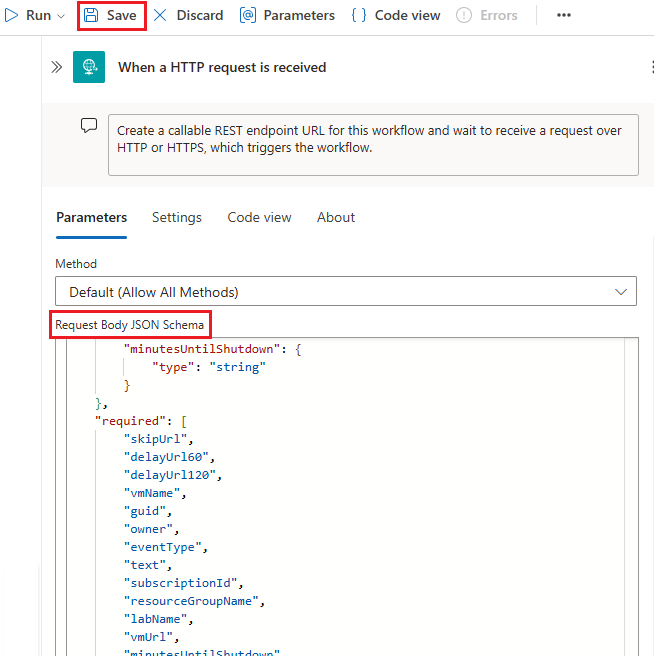 디자이너의 요청 본문 JSON 스키마를 보여 주는 스크린샷.