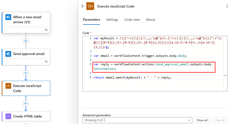 업데이트된 예제 코드 조각을 사용하여 소비 워크플로 및 JavaScript 코드 실행 작업을 보여 주는 스크린샷