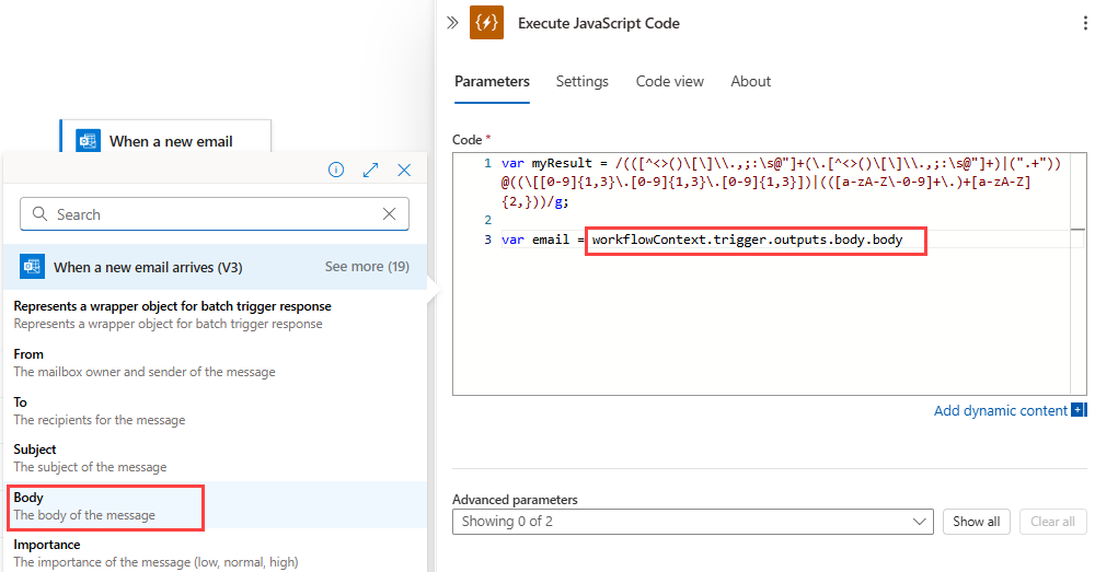소비 워크플로, JavaScript 코드 실행 작업, 동적 콘텐츠 목록 및 선택한 전자 메일 메시지의 본문 속성을 보여 주는 스크린샷