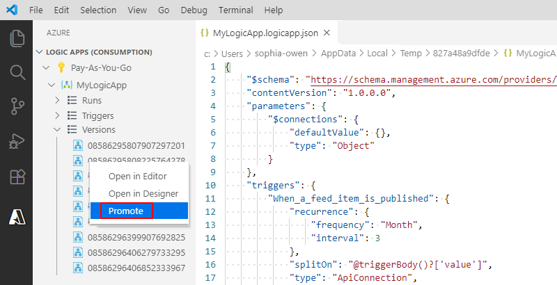 Visual Studio Code 및 이전 논리 앱 버전을 현재 버전으로 승격하는 방법을 보여 주는 스크린샷 