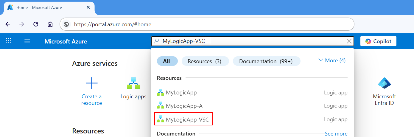 결과가 강조 표시된 논리 앱에 대해 입력된 Azure Portal, 검색 상자 및 이름을 보여 주는 스크린샷