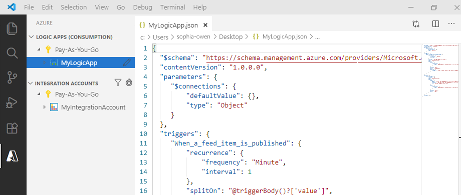 Visual Studio Code의 소비 논리 앱 워크플로 정의 예제를 보여 주는 스크린샷.