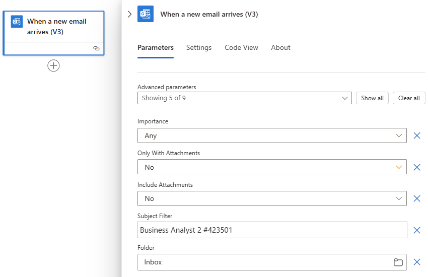 스크린샷은 사용량 워크플로 및 Office 365 Outlook 트리거를 보여줍니다.
