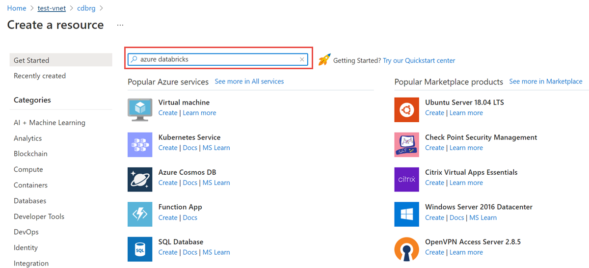 Azure Databricks에 대한 검색을 보여 주는 스크린샷