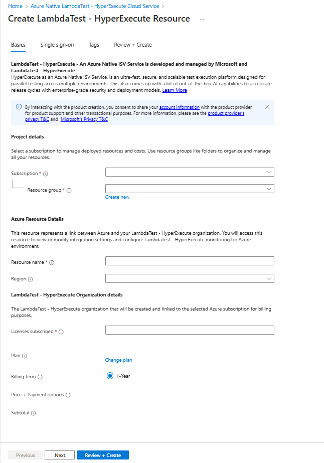 기본 사항 탭이 표시된 Azure Portal 작업 창 내의 Azure 옵션에서 람다테스트 - HyperExecute 리소스 만들기 스크린샷