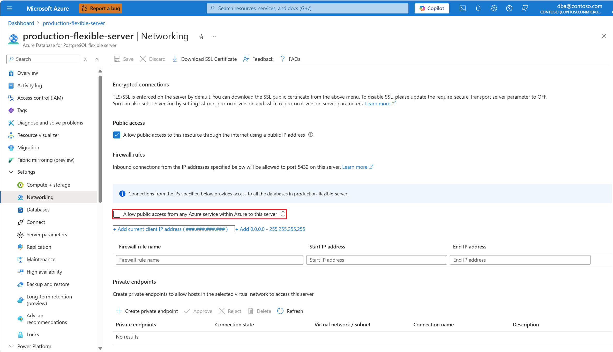 방화벽이 있는 네트워킹 페이지의 스크린샷