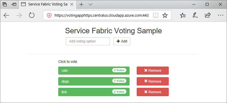 브라우저 창에서 실행되는 Service Fabric Voting 샘플 앱을 보여 주는 스크린샷
