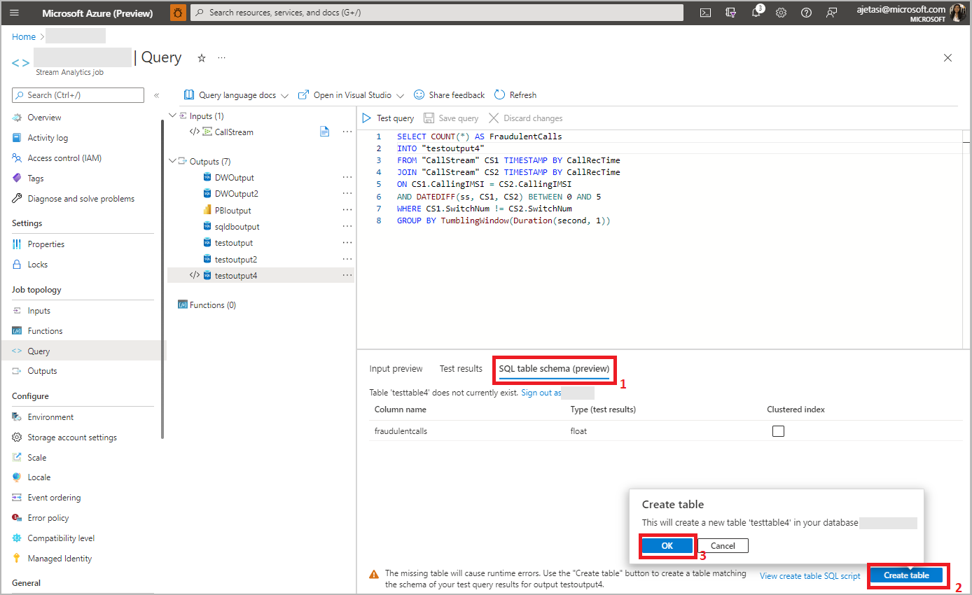Screenshot showing creating a table in SQL database from Stream Analytics.