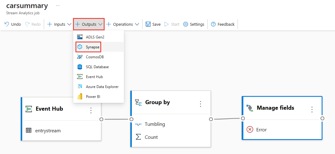 명령 모음에서 '출력'과 'Synapse'가 선택된 스크린샷