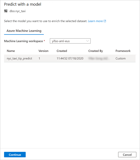 Azure Machine Learning 모델 선택을 보여 주는 스크린샷