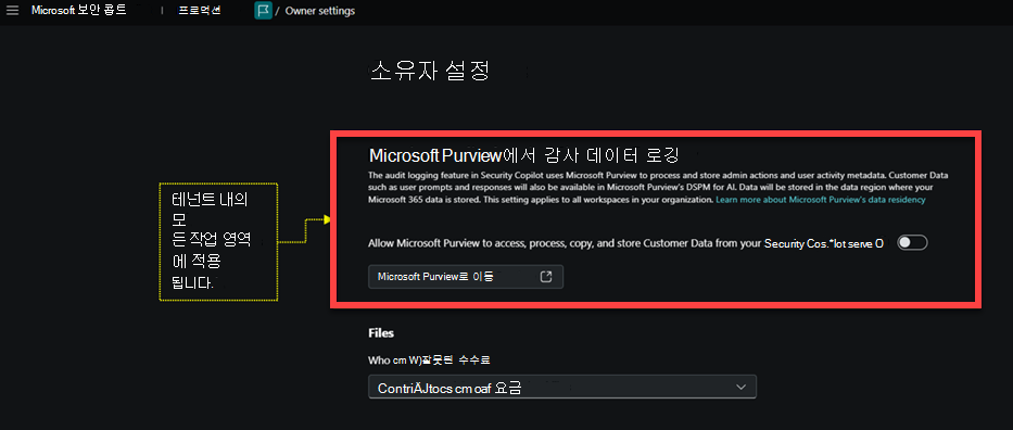 로깅 감사 데이터가 강조 표시된 소유자 설정 페이지의 이미지입니다.
