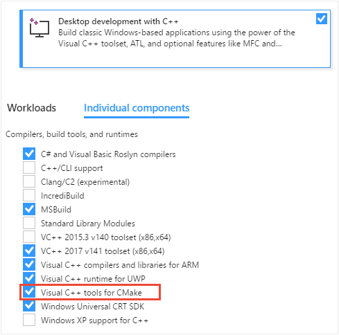 Visual Studio 설치 관리자의 스크린샷. 개별 구성 요소 탭은 Visual C 및 C Make용 도구를 선택할 때 선택됩니다.