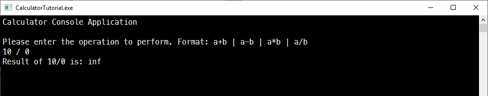 0으로 나누기 작업의 결과를 표시하는 Visual Studio 디버그 콘솔의 스크린샷