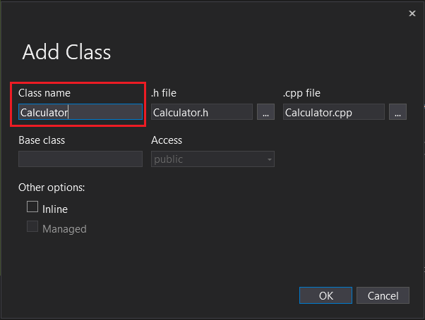 Visual Studio 클래스 추가 대화 상자의 스크린샷