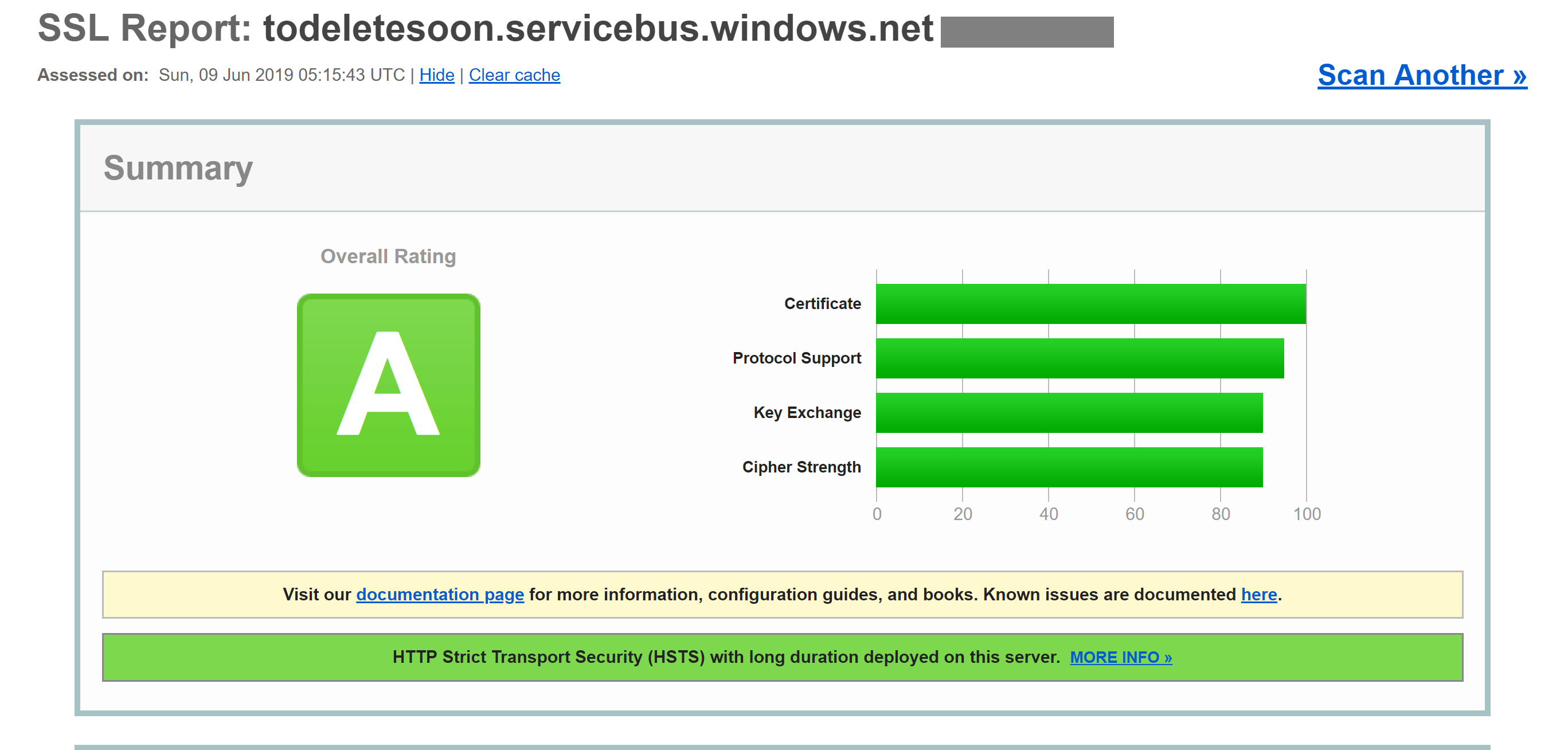 그림 9-5 SSL 랩 보고서에서 Service Bus 엔드포인트에 대한 A 점수를 보여 줍니다.