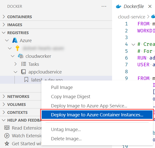 Visual Studio Code - Docker: Azure Container Instances에 이미지 배포