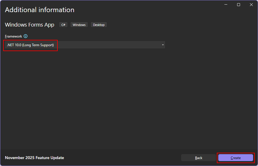 2026년 Visual Studio의 '추가 정보' 대화 상자의 스크린샷입니다. '프레임워크' 드롭다운에는 '.NET 10(장기 지원)'이 선택되어 빨간색 상자로 강조 표시되어 있습니다. '생성' 버튼 역시 빨간색 상자로 강조 표시되어 있습니다.