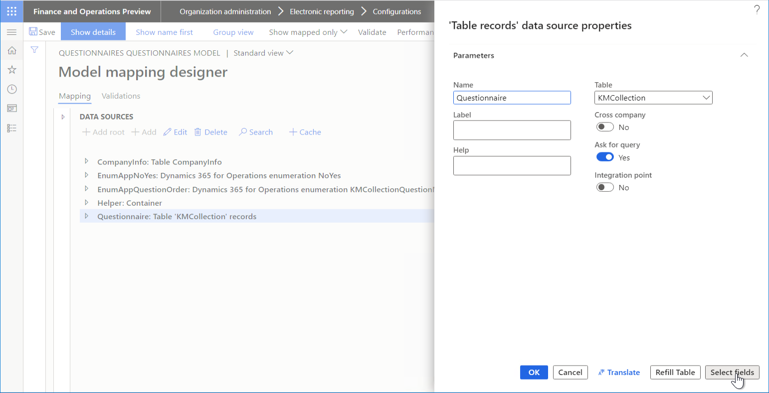 Screenshot of selecting Select fields in the Data source properties dialog box to start to configure the list of fields that will be fetched from the application table by using the editable data source.
