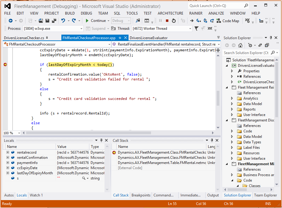 Screenshot of stepping through a code block in Visual Studio.