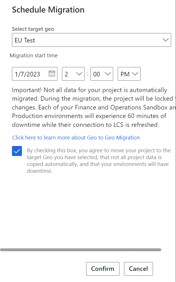 Screenshot of the Schedule Migration dialog with inputs to populate.