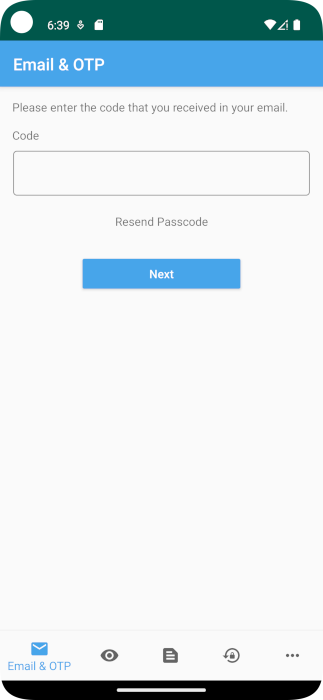 Android 애플리케이션에서 일회성 암호를 입력하라는 사용자 프롬프트 스크린샷