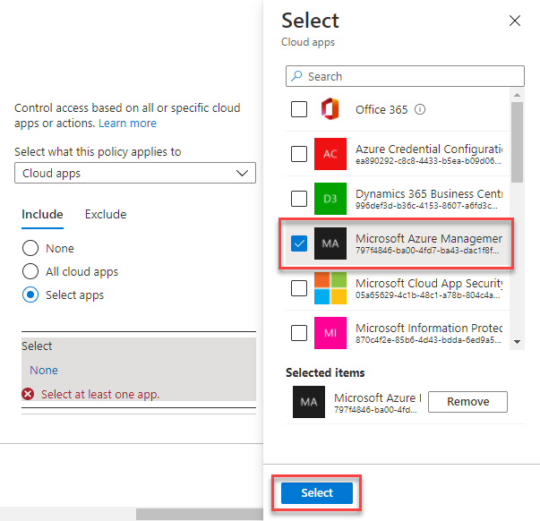 새 정책이 적용되는 앱인 Windows Azure 서비스 관리 API를 선택하는 조건부 액세스 페이지의 스크린샷.