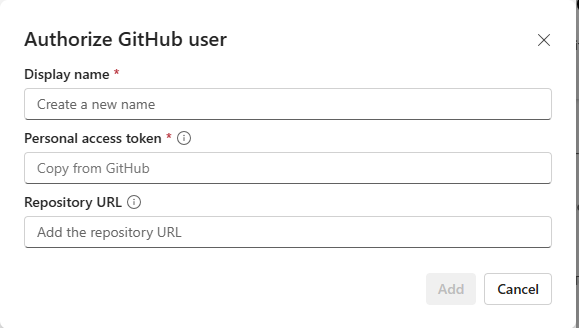 GitHub 통합 UI에 계정을 추가하는 스크린샷입니다.