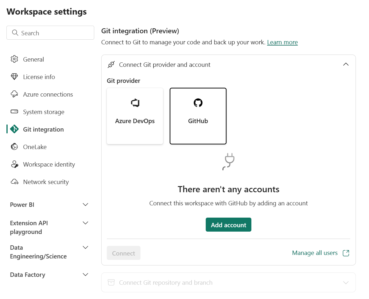 계정 선택 옵션이 없는 GitHub 통합 창 스크린샷