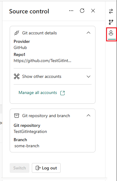  Git 세부 정보 및 리포지토리 및 분기 이름을 보여 주는 원본 control panel 계정 탭의 스크린샷.