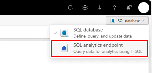 SQL 데이터베이스 또는 SQL 분석 엔드포인트의 드롭다운 목록 선택기의 패브릭 포털 스크린샷